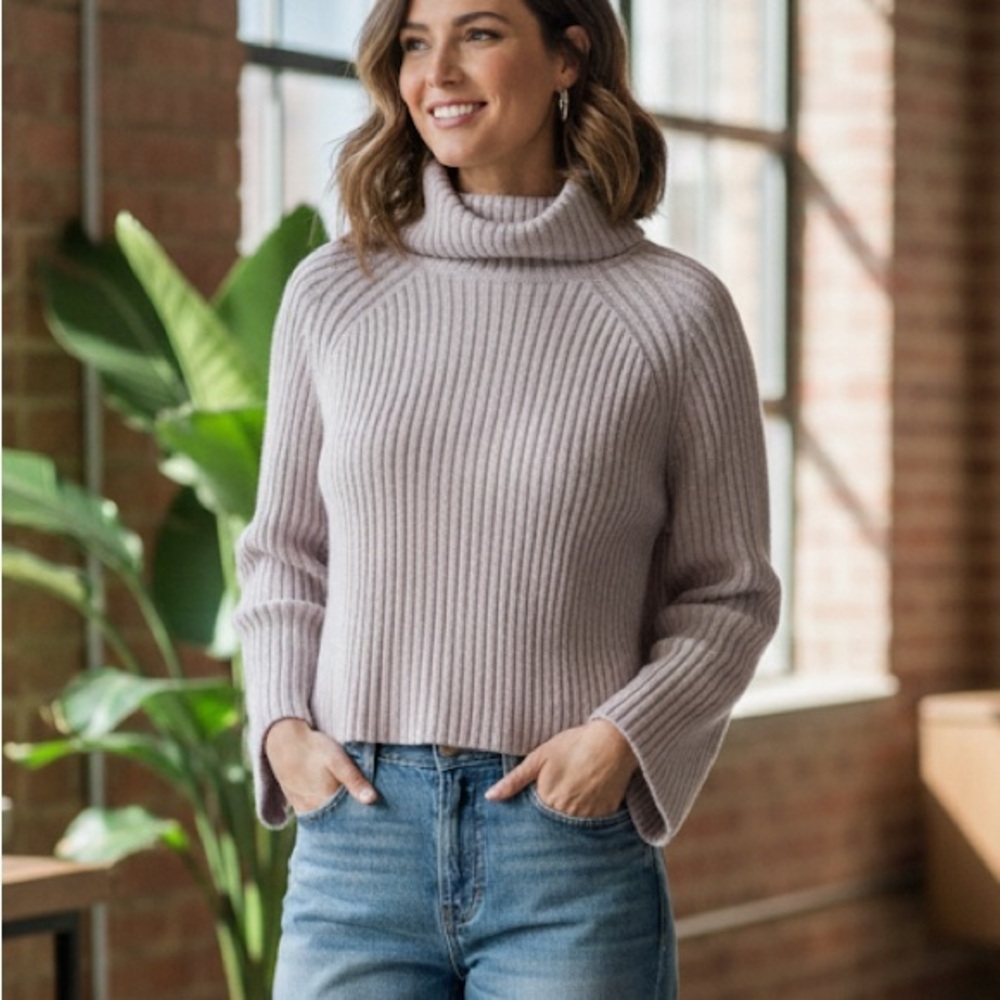 Tahari Arthur S. Levine Cropped Ribbed Turtleneck Sweater - Pink Heart Combo
